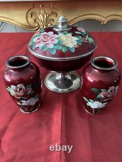 Vintage Japanese Ginbari Cloisonne Vase Floral Handpainted With Candy Dish