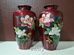 Vintage Japanese Ginbari Cloisonne Vase With Wood Base. Floral Handpainted