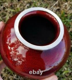 Vintage Japanese Ginbari Foil Vase Pigeon Blood Red Enamel Flying Bird Cloisonne