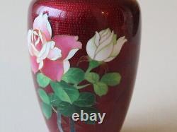 Vintage Japanese Ginbari Silver Wire Cloisonne Vase With Roses - MID 20th Cent