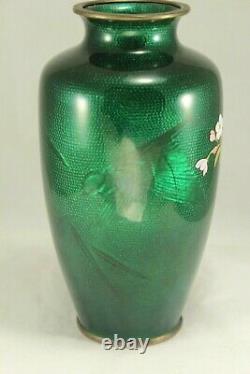 Vintage Japanese Green Cloisonne 7¼ Vase w Flowers Bird & Bamboo