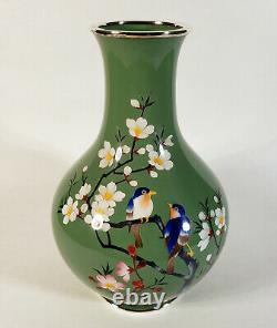 Vintage Japanese Green Cloisonne Enamel Vase Blue Birds Flower Japan Bottle Form