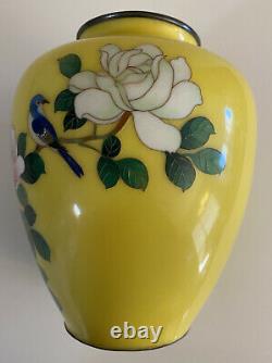 Vintage Japanese Japan SATO Cloisonne 7.5 Vase Bright Yellow Roses
