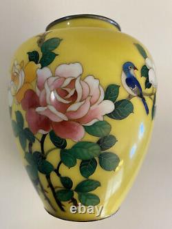 Vintage Japanese Japan SATO Cloisonne 7.5 Vase Bright Yellow Roses