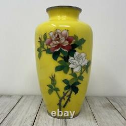 Vintage Japanese Japan SATO Cloisonne 7.5 Vase Vivid Yellow Roses