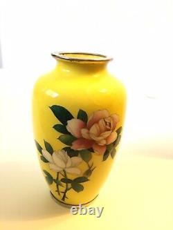 Vintage Japanese Japan Sato Cloisonne Miniature 4.75 Vase Yellow Roses