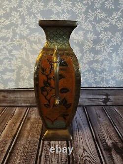 Vintage Japanese Notched Cloisonne Brass Vase with Stork Head Handles 10.5