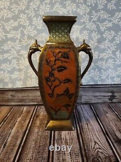 Vintage Japanese Notched Cloisonne Brass Vase with Stork Head Handles 10.5