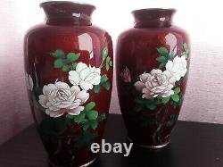 Vintage Japanese Oxblood Cloisonne Roses Two Vases