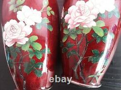 Vintage Japanese Oxblood Cloisonne Roses Two Vases