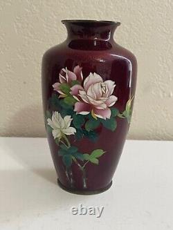 Vintage Japanese Red Cloisonne Vase with Roses Flowers & Bird Decoration