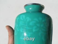 Vintage Japanese Sato Ando Wireless cloisonne Vase Teal floral scrolling 9 5/8