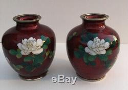 Vintage Japanese Sato Cloisonne Pigeon Blood Red Enamel White Roses Vases 2