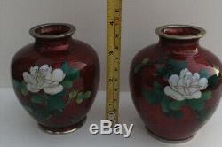 Vintage Japanese Sato Cloisonne Pigeon Blood Red Enamel White Roses Vases 2