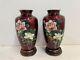 Vintage Japanese Silver Mounted Red Cloisonne Pair Of Vases With Flower Decoration