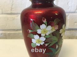 Vintage Japanese Silver Mounted Red Cloisonne Vase with Flower Decoration