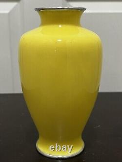 Vintage Japanese Silver Wire Cloisonné Yellow Vase With Bamboo Pattern