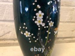Vintage Japanese Sterling Mounted Green Cloisonne Vase with Floral Blossom Dec
