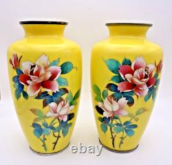 Vintage Japanese Yellow CLOISONNE Enamel Vase Pink Roses Flowers Japan