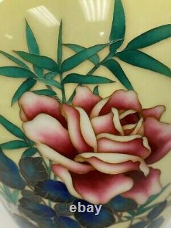 Vintage Japanese Yellow Cloisonne Vase Red Roses 12.25H