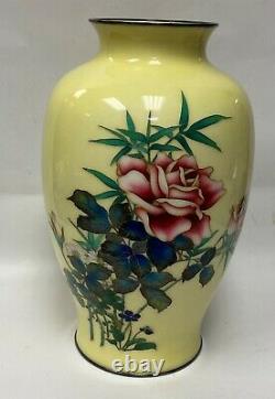Vintage Japanese Yellow Cloisonne Vase Red Roses 12.25H