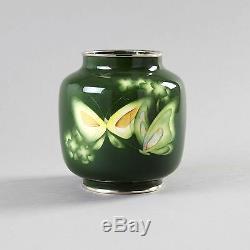 Vintage Japanese cloisonne enamel vase, butterflies, green, Asian