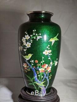 Vintage Japanese cloisonne foil Ginbari silver mounted enamel floral vase