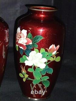 Vintage Japanese cloisonne vases pair Ginbari pigeon blood enamel roses