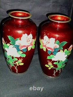 Vintage Japanese cloisonne vases pair Ginbari pigeon blood enamel roses