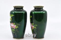 Vintage, Japanese, pair, green, cloisonne vases, 6 inches tall