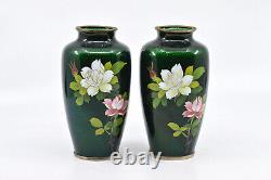 Vintage, Japanese, pair, green, cloisonne vases, 6 inches tall