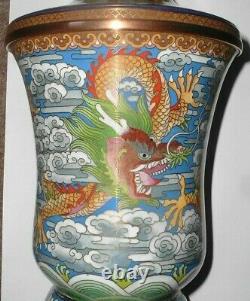 Vintage Large Chinese Dragon Clouds Lotus Cloisonne Vase c1920
