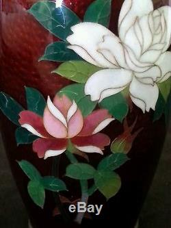Vintage PAIR of Japanese Sato cloisonne red vases 4.75 ca. 1950's
