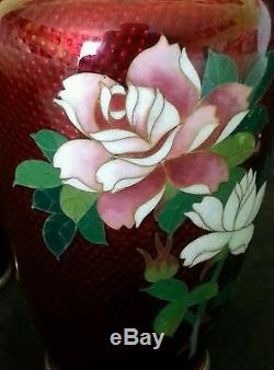 Vintage PAIR of Japanese Sato cloisonne red vases 4.75 ca. 1950's