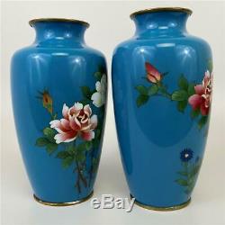 Vintage Pair Japanese Ando Asian Sevres Blue Wireless Cloisonne Floral Rose Vase
