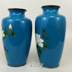 Vintage Pair Japanese Ando Asian Sevres Blue Wireless Cloisonne Floral Rose Vase