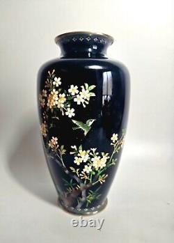 Vintage Pair Japanese Cloisonné Enamel Vases Birds Flying Over Cherry Blossoms