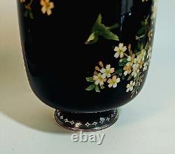 Vintage Pair Japanese Cloisonné Enamel Vases Birds Flying Over Cherry Blossoms