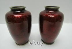Vintage Pair Japanese Craftsman Pigeon Blood Red Ginbari Cloisonne Vase 5