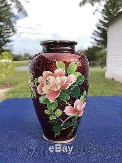 Vintage Pair Sato Japanese Red Ox Blood Cloisonné Enamel Flower Vases