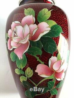 Vintage Pair Sato Japanese Red Ox Blood Cloisonné Enamel Flower Vases