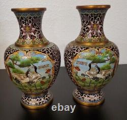Vintage Pair of Japanese Cloisonne 7 inch Vases with Great Designs