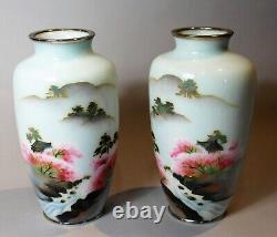 Vintage Pair of Mirror Image Japanese Cloisonne Landscape Decorated Vases c. 1950