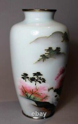 Vintage Pair of Mirror Image Japanese Cloisonne Landscape Decorated Vases c. 1950