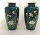 Vintage Pair Of Sato Japanese Cloisonne Emerald Vases With Roses And Blossoms