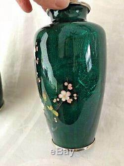 Vintage Pair of Sato Japanese Cloisonne Emerald Vases with Roses and Blossoms