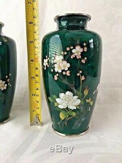 Vintage Pair of Sato Japanese Cloisonne Emerald Vases with Roses and Blossoms