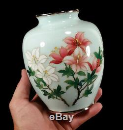 Vintage Pale Blue Sato Japanese Cloisonne Enamel Vase Pink White Flowers Japan