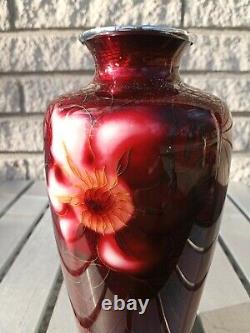 Vintage Pigeon Blood Cloisonne Silver Wire vase Floral excellent condition 8.5