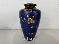 Vintage Possibly Antique Japanese Blue Cloisonné Vase with Floral Decorations